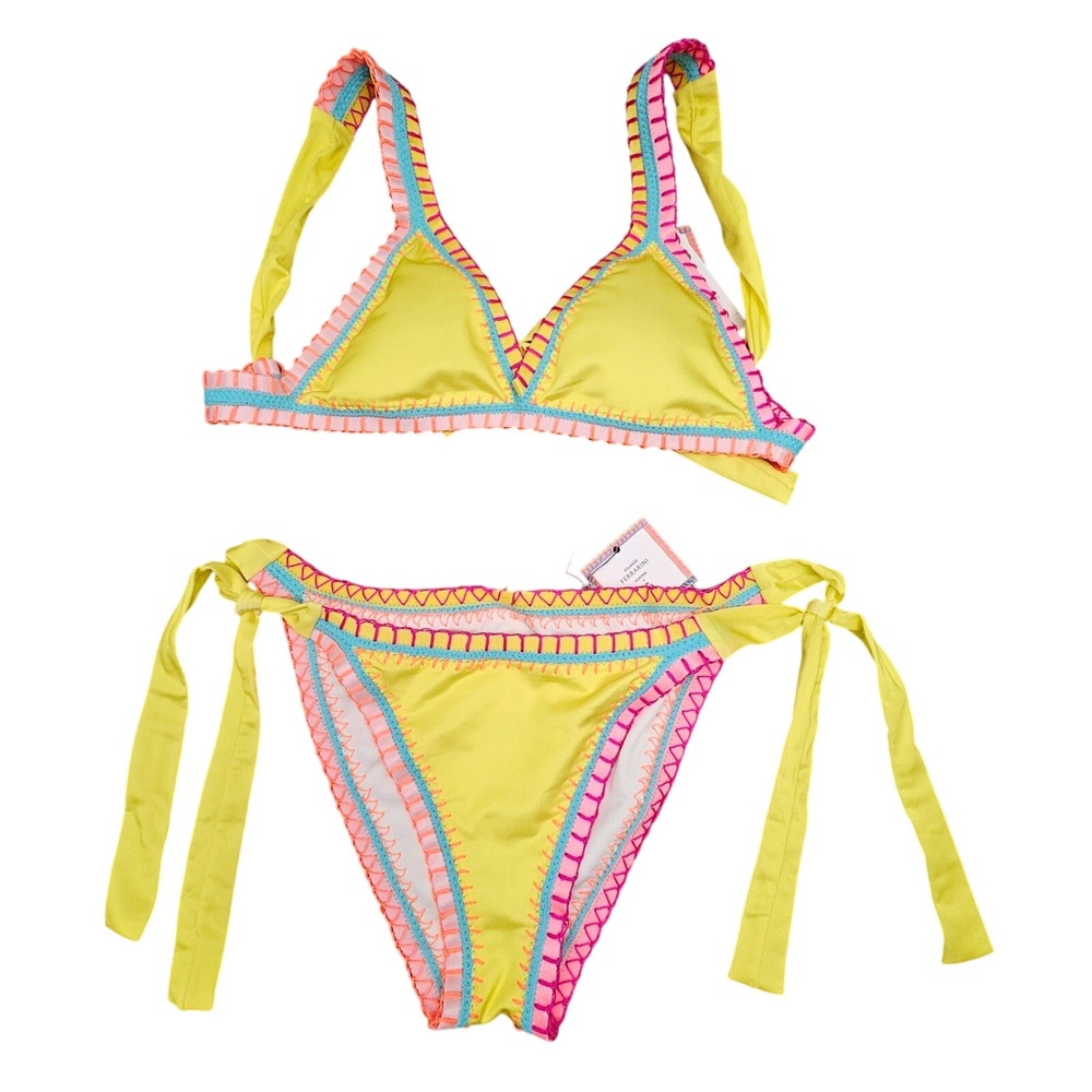 PQ Swim Bikini Womens S Yellow Crochet Trim Triangle Top Side Tie Bottoms NEW
